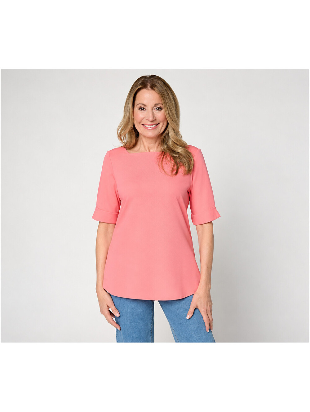 Denim & Co. Essentials True Cotton Elbow Sleeve Boat Neck Top Tea Rose, Medium